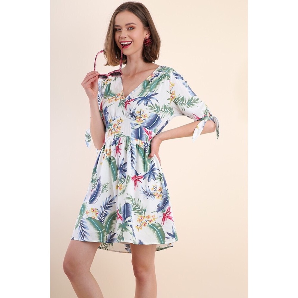 Tropical Print V-Neck Self Tie Sleeve Womens Dress